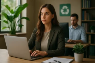Žena pracujúca na notebooku v kancelárii s enviromentálnou témou.