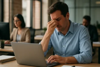 Muž trpiaci pracovným stresom pri počítači v kancelárii.