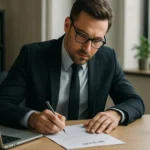 Muž v obleku píše životopis s manažérskymi skúsenosťami