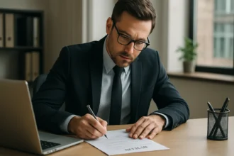 Muž v obleku píše životopis s manažérskymi skúsenosťami