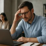 Muž s okuliarmi a vážnym výrazom, sústredený na prácu na notebooku.