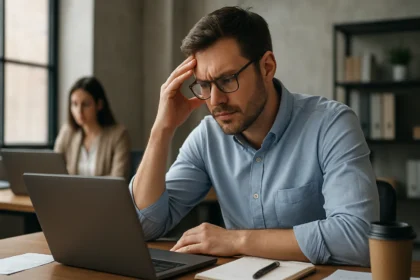 Muž s okuliarmi a vážnym výrazom, sústredený na prácu na notebooku.