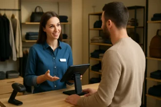 Predajca pomáha zákazníkovi v maloobchode so službami a produktmi