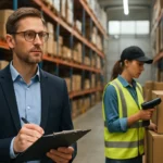 Muži a ženy pracujúci v logistike, skladovanie a riadenie dodávok.