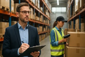 Muži a ženy pracujúci v logistike, skladovanie a riadenie dodávok.