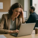 Žena cíti vyhorenie pri práci na laptopu v kancelárii.