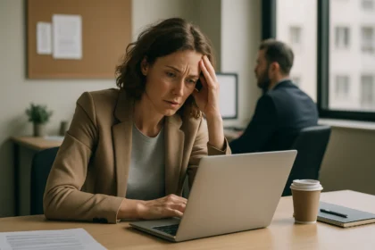 Žena cíti vyhorenie pri práci na laptopu v kancelárii.