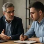 Mentoring session between professional and mentee discussing strategies.