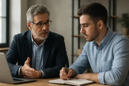 Mentoring session between professional and mentee discussing strategies.