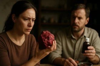 Žena skúma červený cinnabarit, zatiaľ čo muž drží liek.