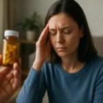 Žena trpiaca bolesťou hlavy držiaca si hlavu, s liekmi v ruke.