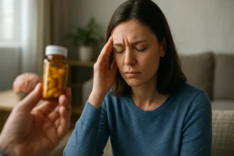 Žena trpiaca bolesťou hlavy držiaca si hlavu, s liekmi v ruke.