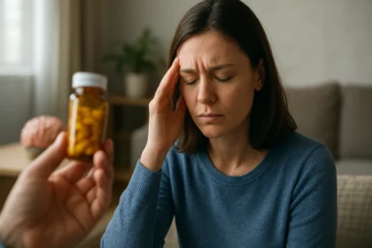 Žena trpiaca bolesťou hlavy držiaca si hlavu, s liekmi v ruke.
