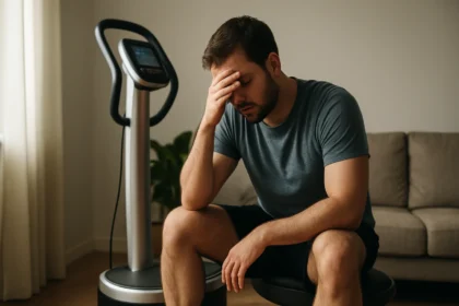 Muž s problémami po použití prístroja FLABéLOS, ktorý vyžaduje opatrnosť.