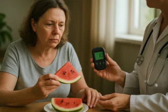 Žena s vodným melónom a glukomerom na kontrole hladiny cukru v krvi.