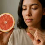Žena drží grapefruit a kapsulu so zdravotnými benefitmi.