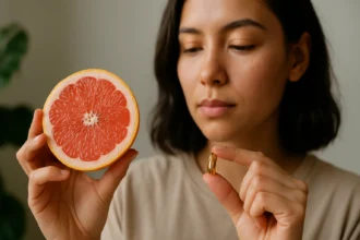 Žena drží grapefruit a kapsulu so zdravotnými benefitmi.