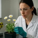 Žena vo laboratóriu skúma sedmokrásky pod vplyvom gama žiarenia.