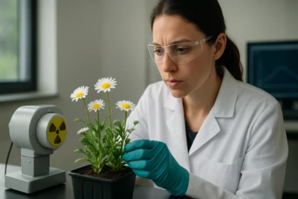 Žena vo laboratóriu skúma sedmokrásky pod vplyvom gama žiarenia.