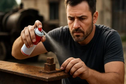 Muž nanášajúci odhrdzovač na zhrdzavený kovový povrch