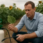 Muž kontroluje list v poli slnečníc, vedľa postrekovač.