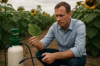 Muž kontroluje list v poli slnečníc, vedľa postrekovač.