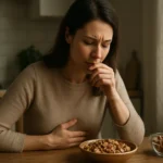 Žena so žalúdočnými problémami a miskou orechov na stole.