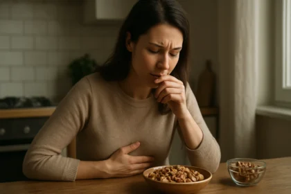 Žena so žalúdočnými problémami a miskou orechov na stole.