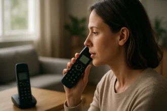 Žena telefonuje s DECT telefónom v interiéri