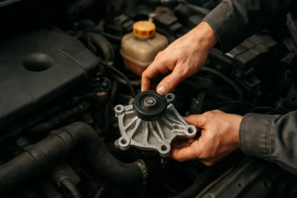 Mechanik drží vodné čerpadlo pri práci na motorovom priestore auta