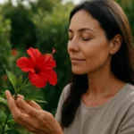 Žena s kvetom ibišteka zhlboka dýchajúca a užívajúca si prírodu