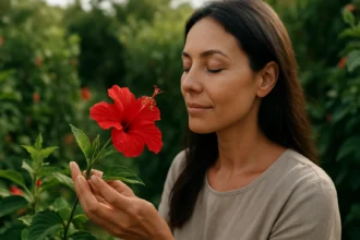 Žena s kvetom ibišteka zhlboka dýchajúca a užívajúca si prírodu