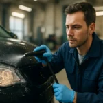 Mechanik čistí svetlomet automobilu pomocou umývacieho systému.