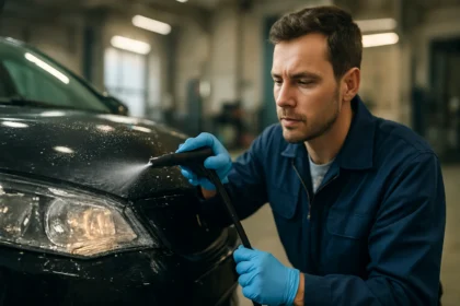 Mechanik čistí svetlomet automobilu pomocou umývacieho systému.