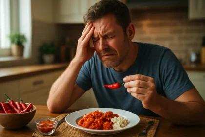 Muž pociťujúci bolesť pri konzumácii pikantného jedla s chili.