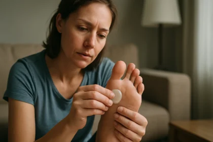 Žena aplikuje náplasť na kurie oká na chodidle.