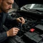 Mechanik kontroluje batériové zapaľovanie v motorovom priestore auta