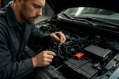 Mechanik kontroluje batériové zapaľovanie v motorovom priestore auta