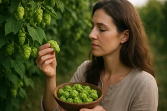 Žena skúma čerstvé chmeľové šištičky v záhradke.