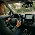 Muž riadi Toyota automobil s CVT prevodovkou a navigáciou