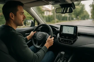 Muž riadi Toyota automobil s CVT prevodovkou a navigáciou