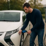Muž nabíjajúci hybridné auto Opel Ampera na nabíjacej stanici.