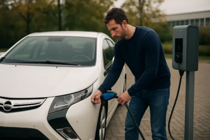 Muž nabíjajúci hybridné auto Opel Ampera na nabíjacej stanici.