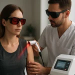 Pacientka pri laserovej terapii s lekárom v klinike.