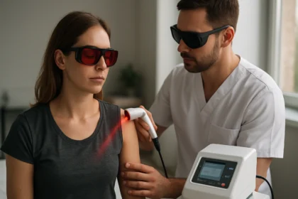 Pacientka pri laserovej terapii s lekárom v klinike.