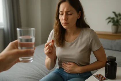Žena berie železné tabletky s pohárom vody