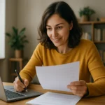 Žena pracujúca na počítači, číta dokumenty a píše poznámky.