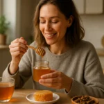 Žena si vychutnáva propolisový med, zdravý nápoj a medovú šťavu.