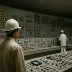 Pracovníci pri ovládacom panele jadrovej elektrárne Černobyl