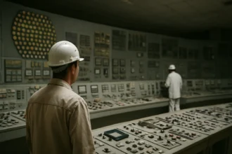 Pracovníci pri ovládacom panele jadrovej elektrárne Černobyl